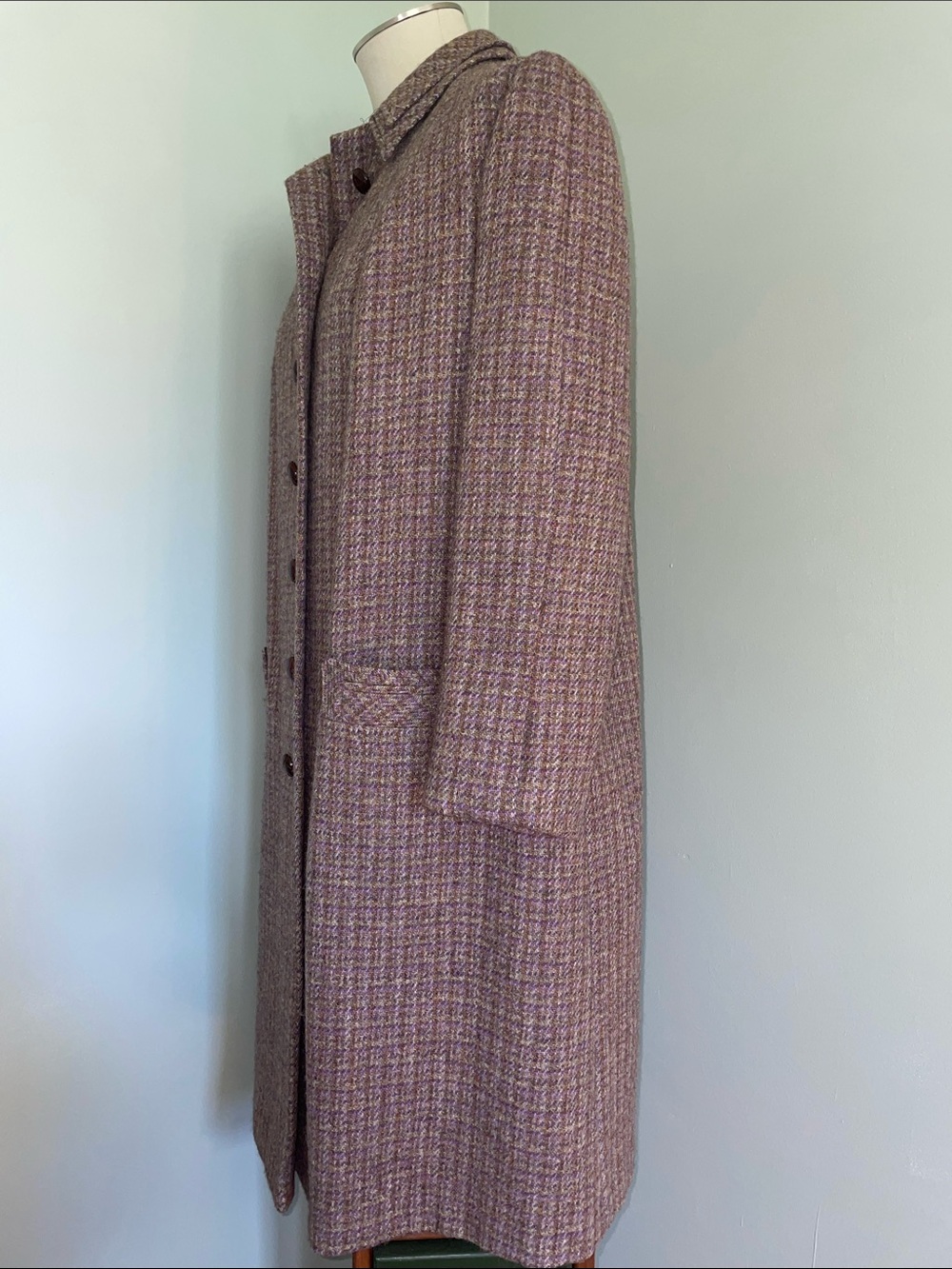 Vintage Harris Tweed Handwoven Scottish Wool Long Coat Purple Brown Plaid - Picture 9 of 16